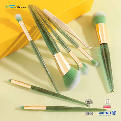 Maniglia di plastica di colore verde del set di pennelli di trucco dell'etichetta privata 7pcs con le pinzette di bellezza