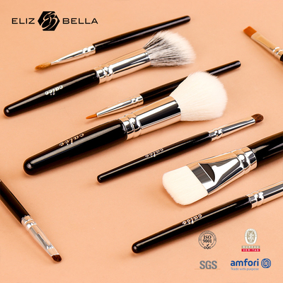 Personalizzare 9 pcs Travel Pro spazzole da trucco con maniglia di legno nero e ferrule in alluminio
