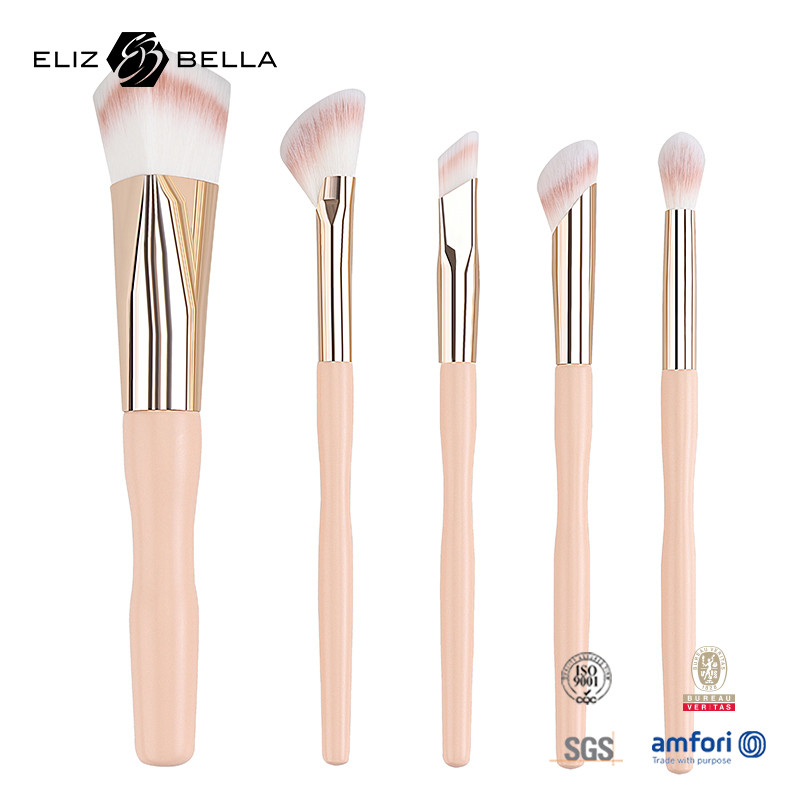 5pcs Prezzo di fabbrica Logo personalizzato 100% Capelli sintetici Vegan Faccia Occhi trucco Set spazzola, Maniglia di legno E Ferrule di alluminio