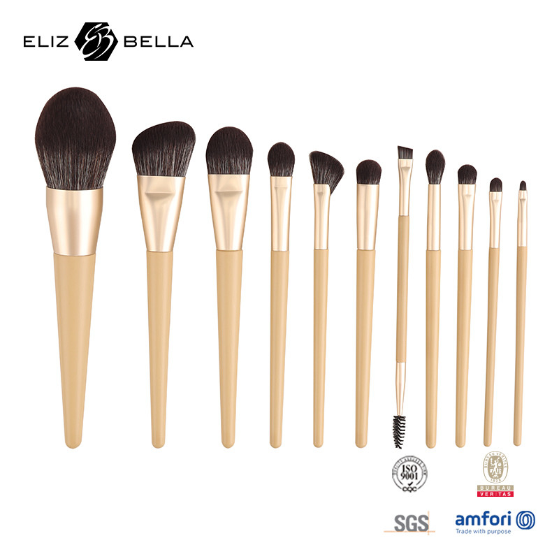 11 Pieces Wooden Handle Beauty Makeup Brush Set Ferrule di alluminio Spazzole cosmetiche,Sintetico Spazzola per capelli Set