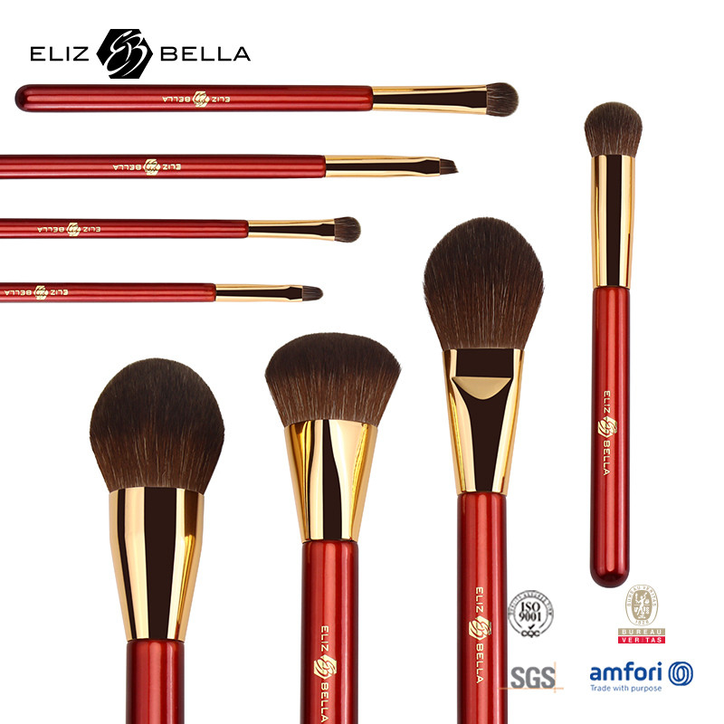 Spazzola cosmetica a manico di legno rosso con trucco per capelli sintetici Spazzole con ferrule in alluminio dorato
