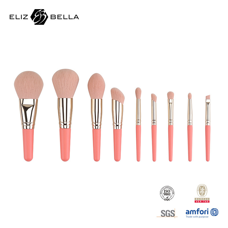 9PCS Piccole spazzole per il trucco Set con maniglia di legno corto 100% capelli sintetici OEM private label